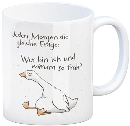 Gilbert die Gans Kaffeebecher mit Spruch Jeden Morgen die gleiche Frage eine bunte Tasse für die Arbeit lustiger Motiv Pechvogel Kaffeetasse Männer Spruch witziger Becher
