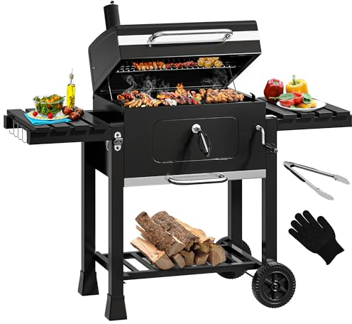 YITAHOME XXL Holzkohlegrill BBQ Smoker Grillwagen mit Deluxe Gusseisenrost & Emaille-Kohlenstoffpfanne, Thermometer, Standgrill für Party, Camping, Garten, inkl. Küchenzange und Handschuh