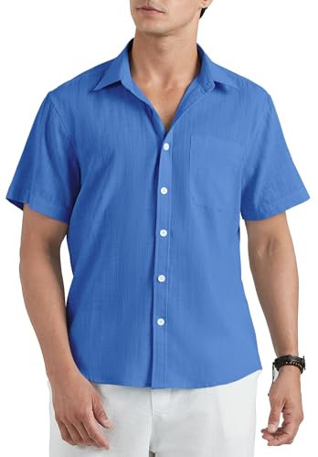 HISDERN Men's Blue Linen Short Sleeve Shirts Casual Summer Beach Button Down Shirt with Pocket Regular Fit XL