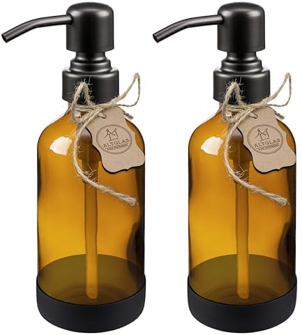 ALTGLAS Dispensador de Jabón 'Sarajevo' - Doble Dispensador de Ducha Hecho de Botella de Vidrio Marrón con Posavasos de Silicona y Cabezal de Bomba de Acero INOX en Negro (2 Piezas a 250 ml)