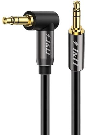 J&D 3.5mm Stereo Audio Aux Jack to Jack Gold Plated Cable 90 Degree Right Angle Compatible for iPhone, Galaxy, Speakers or All Other Devices, 3.7 Meter