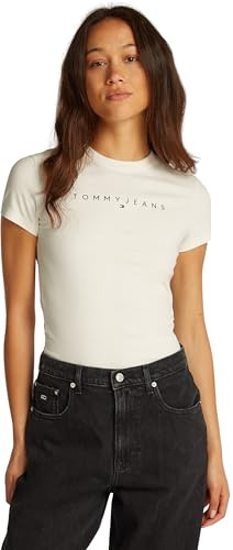 Tommy Jeans Damen T-Shirt Kurzarm Linear Slim Fit, Elfenbein (Ancient White), S