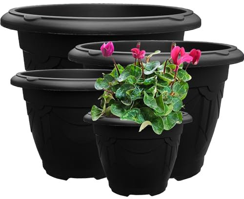 VR7 Plastic Planters Flower Pots with Drainage Holes Indoor/Outdoor Use 24cm - Set of 2 Modern Decorative Planters Black