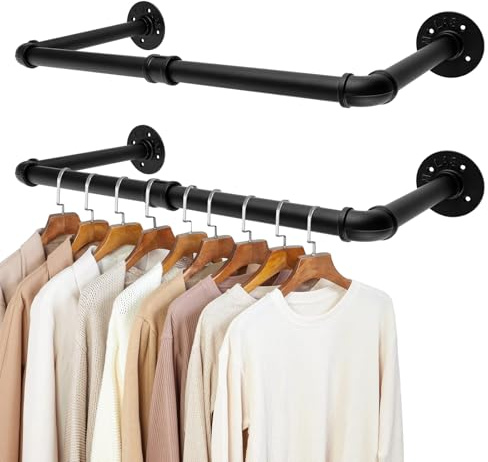 LDXDRU Industrierohr Kleiderstangen für Wand 2er Set, Kleiderstange Wandmontage, Metallkleiderstangen Deckenmontage Schwarz, 61cm Jackenständer Kleiderständer Garderobenstange
