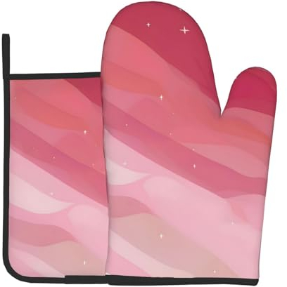 Juego de dos piezas para hornear de cocina de estilo degradado, color rosa, guantes de horno y soportes para ollas