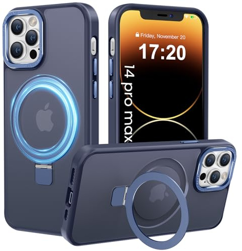 PuyaTeya für iPhone 14 pro max Hülle mit Magnet Ständer, Navy Blau | Kratzfeste, fingerabdruckresistente, rutschfeste und stoßfeste [transluzent matte] Handyhülle für iPhone 14 pro max