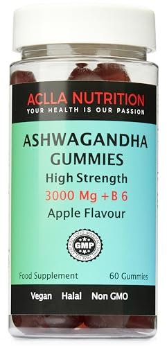 Ashwagandha Gummies 3000Mg & B6 2.8 Mg High-Strength Botanical Extract/Natural Apple Flavor/Stress Reduction,Supporting Psychological Function & Sleep. One-Month Supply by Aclla.