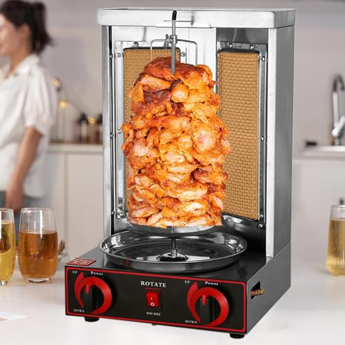 Naturalpowev Shawarma-Grillmaschine, Hähnchen-Shawarma-Kocher mit 2 Brennern und Fleischauffangschale, rotierende Kebab-Maschine für das Grillen in Küchenrestaurants