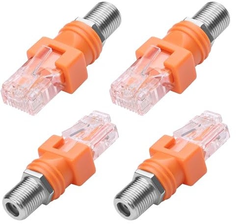 CERRXIAN Adaptador Cable Convertidor F a RJ45, Paquete de 4 Adaptadores Coaxiales R-F Hembra a RJ45 Macho Ethernet para Probador de Línea (Naranja)