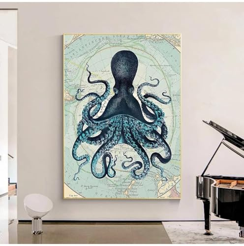 BMGKYAGL Kraken Octopus Tentakeln Vintage Poster und Drucke Wandkunst Bild Leinwand Malerei Wohnzimmer Heimdekoration Kunstwerk 50x70cm Rahmenlos