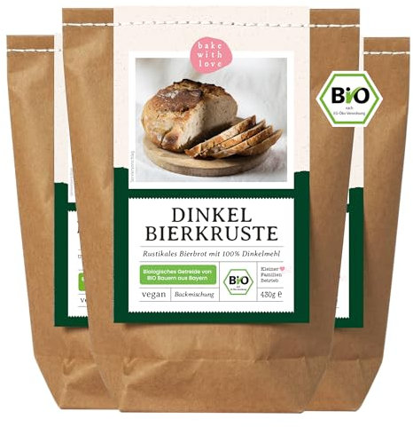 Bio Dinkel Bierbrot Backmischung – 100 % Dinkelmehl aus Bayern & Sauerteig – aromatisches Dinkelbrot mit leichter Biernote – für Brotbackautomat & Ofen – Bake with Love - 3er Pack