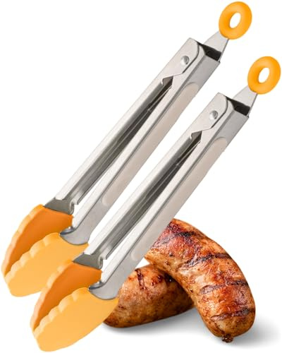 Taylors Eye Witness 2 Small Steel Buttermilk & Saffron Silicone Tongs - Dishwasher Safe. Sturdy, Non-Scratch Heads, Handy Locking System. Odour, Stain, Heat Resistant (260°C/500°F) 5 Year Guarantee