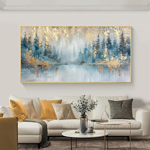JACBON Abstraktes Ölgemälde mit Goldfolienwald auf Leinwand, Blattgold, Landschaft, Wanddekoration, moderne große Wandkunst, für Zuhause und Wohnzimmer, 40 x 80 cm (16 x 31 Zoll) mit goldenem Rahmen