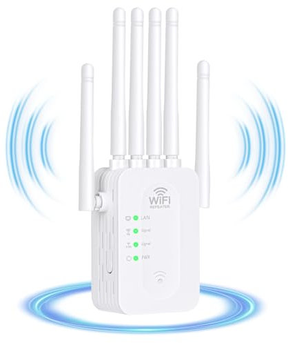 Repeteur WiFi, WiFi Extender de dernière Technologie avec 6 antennes Couvrant Une superficie de 1200m², 2 Ports LAN, Mode Répéteur/Routeur/AP pour la Maison et Le Bureau, avec Toutes Les Box Internet
