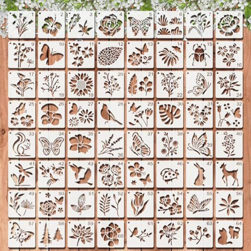 Mocrop 64 Pièces Pochoirs Réutilisables Pour Peinture, 7.6×7.6cm Pochoir Journal, Pochoir Peinture, Adapté À Scrapbooking Bullet Journal, Motifs Animaliers Et Végétaux