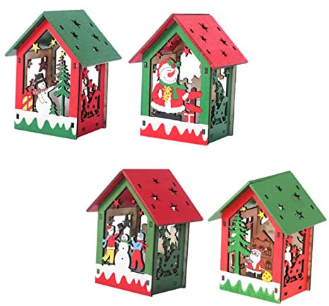 Amosfun 4stücke Holzhaus Anhänger für Weihnachtsbaum DIY Weihnachtshaus aus Holz Weihnachtsdeko mit Lichteffekt für Zuhause und Garten