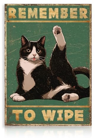 Dazzlewall Funny Cat Wall Art Print, Remember To Wipe Humorous Sign Poster for Toilet Bathroom Decor 12x16 in Unframed, Cat Lover Gift