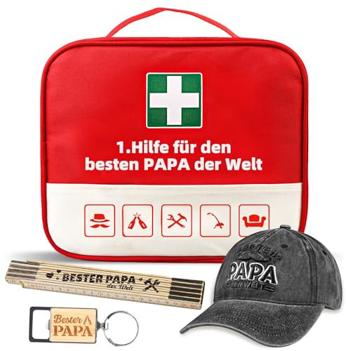 TUZELIYA Vatertagsgeschenk für Papa - Lustige 1. Hilfe Tasche für Papa - Mit Basecap Zollstock Flaschenöffner - Papa Geburtstagsgeschenk - Geschenk für Papa Männer - Vatertagsgeschenk Vatertag