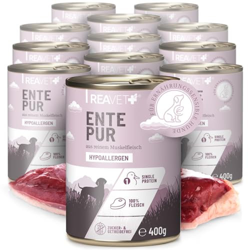 ReaVET Premium Hunde Nassfutter - Ente Pur 12 x 400g I Reines Muskelfleisch, Hypoallergen, ohne Getreide & Zusätze, Hundenassfutter sensitiv für Allergiker