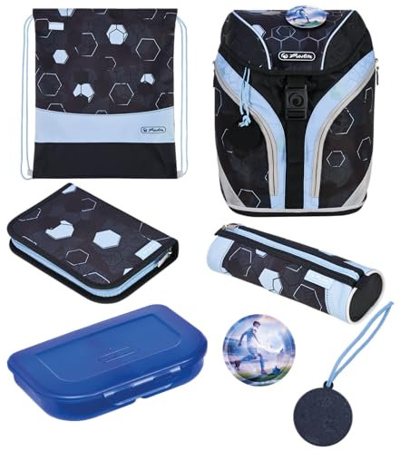 Herlitz Schulranzen Set 7-teilig GREENline Cyber Soccer Blau Schwarz aus recycelten PET Flaschen 1.Klasse Junge Mädchen Kinder 18 L