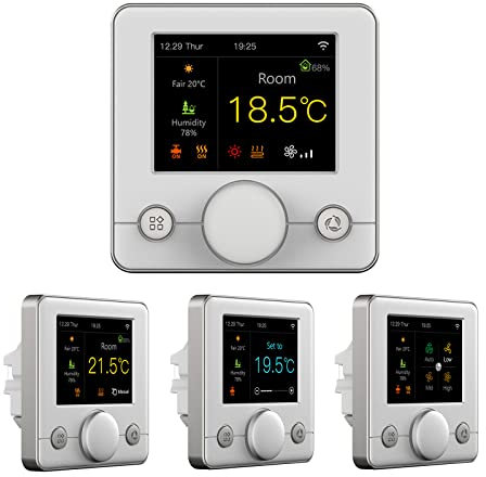 ZJchao Smart WiFi Fan Coil Thermostat, Steuerung, Sprachregelung, Echtzeitwettervorhersage, Wöchentlich Programmierbar für Innenräume, RGB Buntes LCD-Display (Silver)