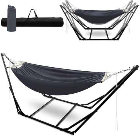 Jaxguom Hängematte mit Gestell Klappbar Garten Hängemattengestell Metall Gestell hängematte Outdoor hängematte Mit Tragetasche Metallgestell bis 150 kg für Camping Garten Pool Balkon
