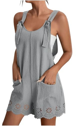 Zeiayuas Womens Shorts Jumpsuits Wide Leg Jumpsuit Summer Romper Pockets Loose Fit Dungarees Playsuits Round Neck All in One Playsuit Onesies Solid Color Lace Floral Shorts Pants for Ladies