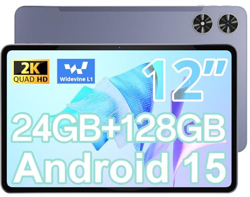 12 Inch Tablet, Android 15 Tablet, 2K FHD (2000x1200) Large Screen Tablets, 24GB RAM (6+18) + 128GB ROM, Octa-Core, Camera 13 + 5MP, 8000 mAh, Widevine L1, 2.4G/5G WiFi, BT5.0, GPS