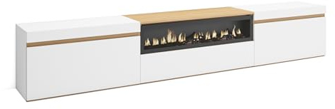 Skraut Home | Meuble TV | Banc Télé | Grand Espace de Rangement | 260x45x35cm | TV Grand Format | Cheminée électrique | Style Moderne | Blanc et Chêne Soft