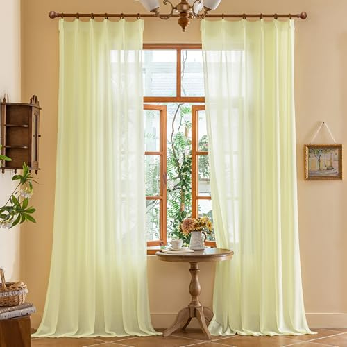 Light Yellow Pinch Pleat Curtains 108 Inches Long for Living Room Sheer Pleated Drapes with Hooks Soft Touch Tree Branch Textured Light Filtering Curtain Panels, Pear Sorbet, 42W x 108L, 2 Panels