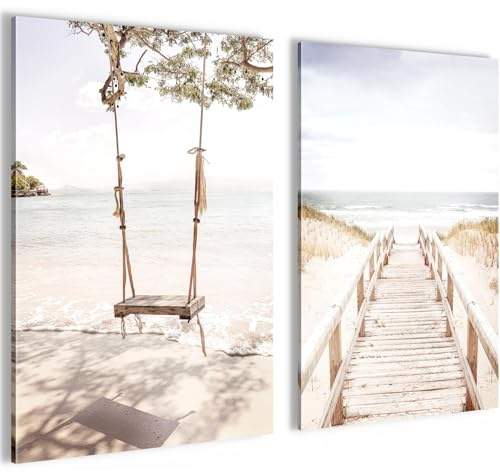 Novart Bilder Set Boho - KEIN EXTRA RAHMEN BENÖTIGT - Wandbilder für Wohnzimmer Schlafzimmer Büro - 2 Teilig Deko Strand - N038126b