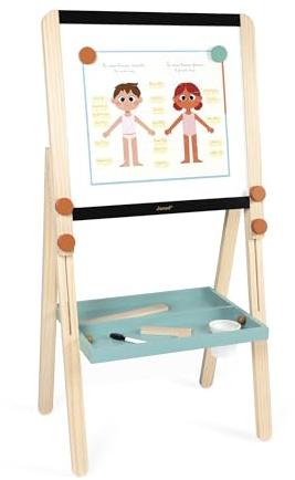 Janod – Doppelseitige, höhenverstellbare Holztafel – Magnetische weiße Tafel + Kreidetafel – 18 Zubehörteile inklusive – Ab 3 Jahren