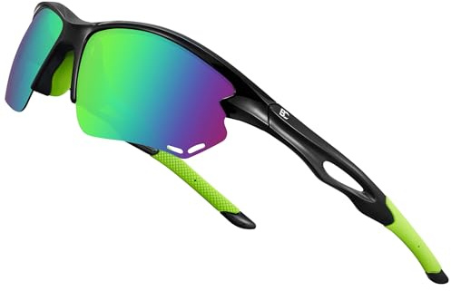 Bircenpro Sport Polarised Sunglasses for Men: TR90 Wrap Around Cycling Glasses UV Protection Lightwight for Driving Golf Green Lens