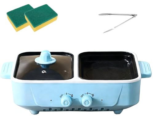 2-in-1 Electric Grill with Hotpot Functionality. Dual-Purpose Indoor Electric Grill Suitable for Grilling, Frying, and Stewing. (Blue)