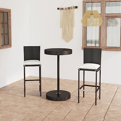 LoogCape 3-TLG. Gartenbar-Set mit Kissen, Poly Rattan Schwarz, Bartisch & Hocker für Terrasse, Balkon, Outdoor-Möbel, pflegeleicht