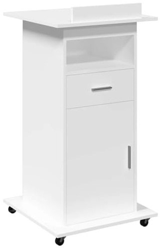 pokgdf Rednerpult mit Rollen und Schublade Weiß 55x55x107 cm, Neigbare Oberplatte mit Umrandung, 1 Schublade und 2 Fächer für Stauraum, Mobiles Pult für Präsentation und Vortrag,