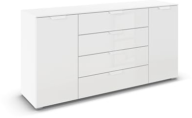 Rauch Möbel ADITIO, Kommode, Farbe Glas Weiß, Breite 160 cm | Sideboard im modernen Look, 2-türig, 4 Schubladen, Glasfront, Soft-Close, für Schlafzimmer, Gästezimmer, Wohnzimmer, Flur