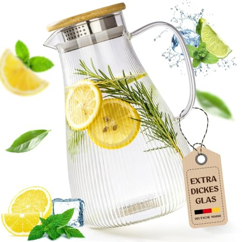 Happy Lemuro Glaskaraffe mit Deckel | Wasserkaraffe 1,9 Liter, aus verstärktem Glas | Glas Karaffe für heiße und kalte Getränke | Teekanne | Wasserkrug mit Deckel aus Bambus | Krug