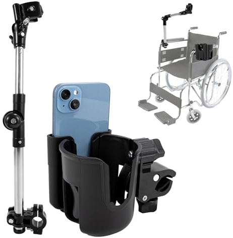 WEESTAAMO 2 Pcs Wheelchair Accessories Set, Umbrella Holder Mount & 2-in-1 Cup Holder with Phone Holder, Adjustable Clamp for Rollator, Pushchair, Walker & Bike (Black)