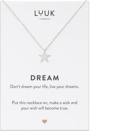 LUUK LIFESTYLE Collier avec pendentif etoile en acier inoxydable et carte DREAM, porte-bonheur, bijou femme astro, personnalisé cadeau, ado fille, accessoire de mode, résistant, Argent (env. 50cm)