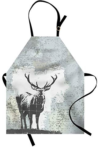 ABAKUHAUS Geweih Kochschürze, Hirsch Silhouette Grunge, Unisex-Küchenlätzchen mit verstellbarem Hals für Kochen Gartenarbeit, 67 cm x 80cm, Grau schwarz