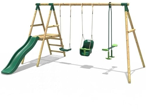 Rebo® Voyager Wooden Swing Set with Platform and Slide - Voyager | OutdoorToys | Baby Seat, Glider and Regular Seat | Sturdy Wooden Construction, Pressure Treated Timber