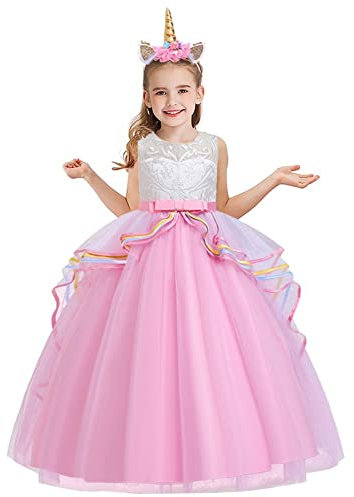 FMYFWY Costume Carnevale Unicorno Principessa Ragazze Compleanno Cerimonia Arcobaleno Lungo Tulle Bowknot Vestito Senza Maniche Natale Halloween Cosplay Festa Abiti con Cerchietto Rosa 10-11