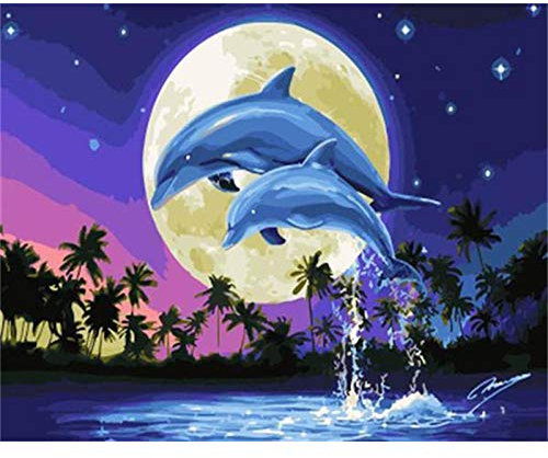 HERW Canvas Painting 3D Printing Decorative Painting Peinture Numérique Lune Et Baleine Peinture par Numéros Kits Pigment Acrylique Peinture À l'huile Bricolage pour Débutant Décor À La Maison