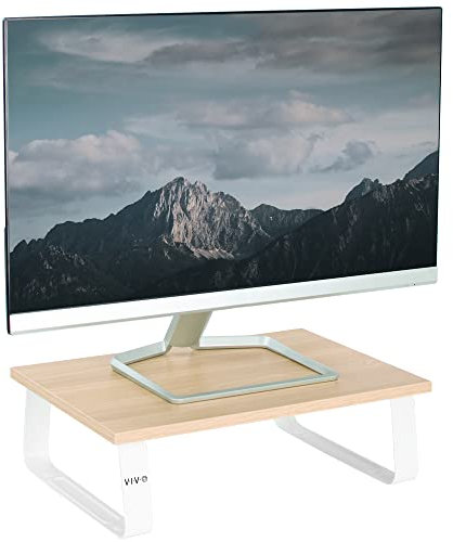 VIVO 15 inch Monitor Riser, Wood and Steel Desktop Stand, Ergonomic Desk and Tabletop Organizer, Light Wood and White, STAND-V000WS