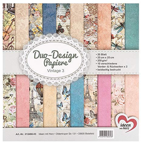 Ideen mit Herz Duo-Design-Papiere | Block mit 20 Blatt Bastelpapier | 25 x 25 cm | 250g/m² | beidseitig bedruckt | Designpapier, Motivpapier | ideal für Scrapbooking, Basteln (Vintage 03)