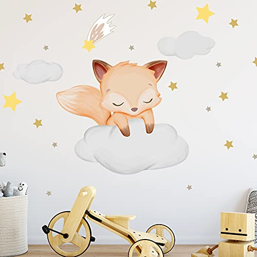 WANDKIND Fuchs auf der Wolke Wandtattoo V253 | handgezeichnet | AUFKLEBER Kindergarten | Wandsticker Kinderzimmer mit Wolken und Sterne Wolke Sleepy Eyes (75 x 75 cm)
