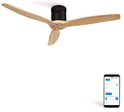 CREATE / WINDCALM M/Deckenventilator ABS Schwarz Hellesholzflügel-Optik mit WLAN und Fernbedienung / 40W, Leise, Ø132cm, Timer von 1 bis 4 Std., DC-Motor, Sommer-Winterbetrieb