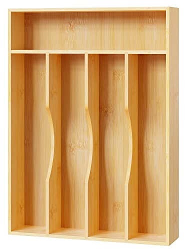 Bellsal Utensil Organizer 10 Inch Silverware Tray for Drawer Utensil Holder Cutlery Organizer Kitchen Drawer Organizer 5 Compartment Small Narrow Bamboo