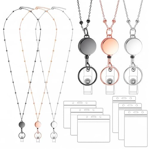Lanyards for Id Badges, 3 Pack Badge Lanyard with 6 Pcs Badge Holder, Retractable Badge lanyards Id Holders for Girl Women Men (Black, Silver, Rose Gold)